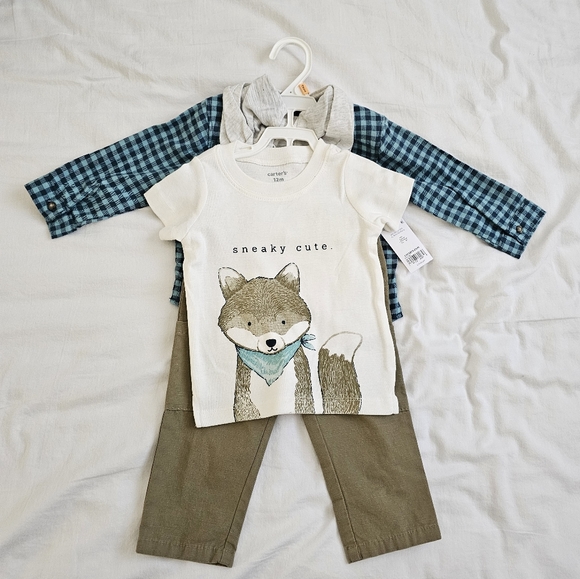 Set of 3 Carter's 9 to 12 month short sleeve fox shirt a pant and jacket - Picture 2 of 9